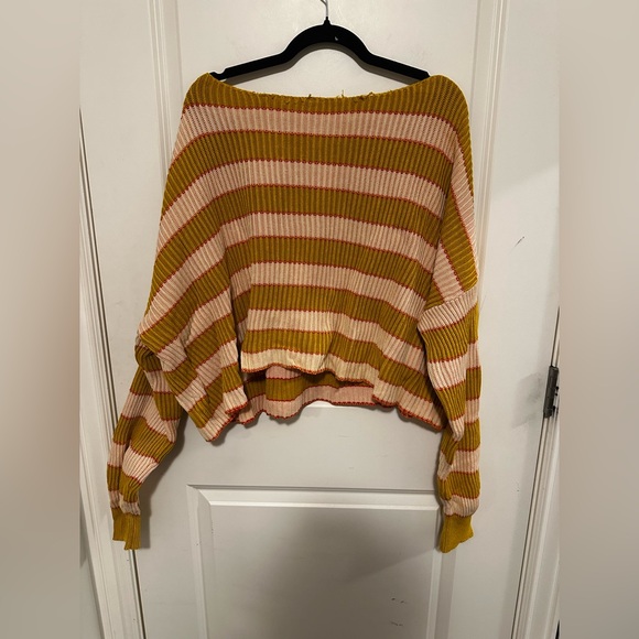 Free People Mustard and Pink Off-the-Shoulder Sweater - Picture 4 of 5